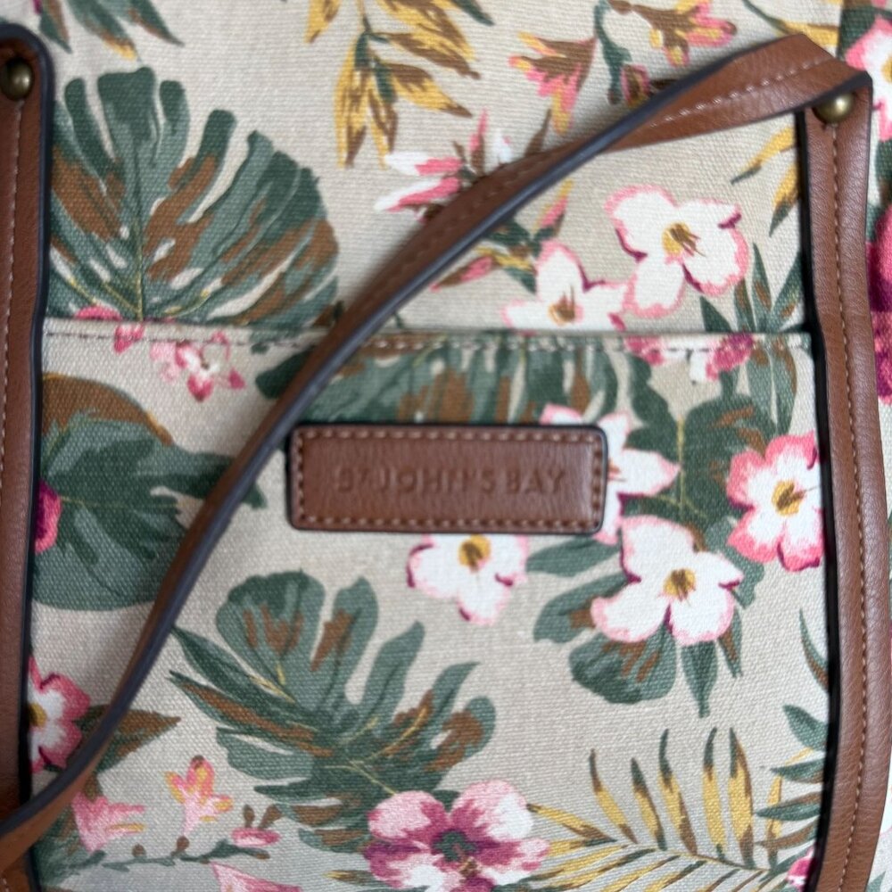 St. Johns Bay Floral Canvas Tote Bag Brown Faux Leather Straps Tropical Design - Picture 3 of 8